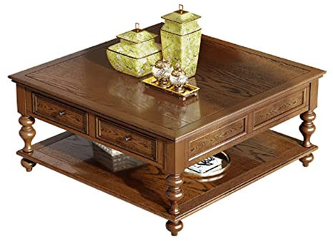 Konsolentische, Satztische, Couchtisch im Vintage-Stil, Landhausstil, quadratischer Couchtisch aus Holz, 109 cm, Mitteltisch mit Schublade und offenem Regal, quadratischer Sofatisch mit Stauraum für W
