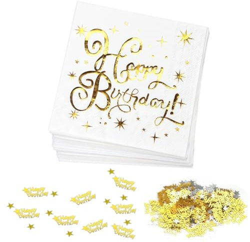 40 Stück Servietten Happy Birthday 33x33cm Gold Serpentinen Geburtstag | tischdeko party, stoffähnlich, zehn gramm konfetti, saugfähig stark, einweg praktisch, fest elegant, goldfoliert