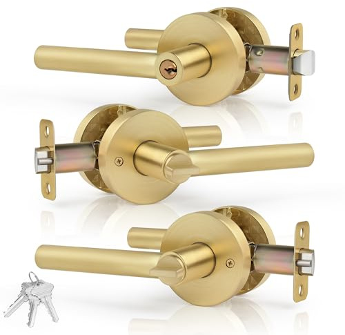 Gaurqiah 3 Pack Brushed Gold Door Handles Interior（Keyed Alike）， Keyed Entry Gold Door Handles with Lock and Same Key, Heavy Duty Round Gold Door Levers for Bedroom、Bathroom,Satin Brass