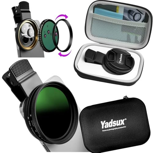 Yadsux Variable ND2-ND400 Filter for iPhone, Samsung and Other Smart Phones, Clip-on Adapter, HD Double-Sided Multi-Coated SLR Lens Grade Optical Glass, Mobile Phone Lens Accessories