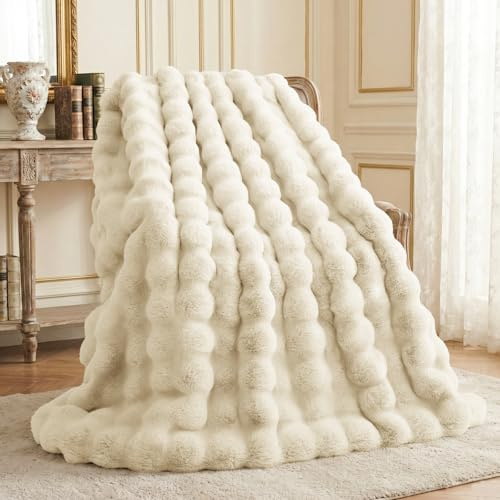 L'AGRATY Faux Rabbit Fur Blanket: 50 x 60 Luxury Soft Fluffy Thick Fur Throw Blanket for Couch Bed Sofa - Cozy Plush Bubble Blankets for Winter: Warm Flannel Fleece Decorative Blanket(Almond White)