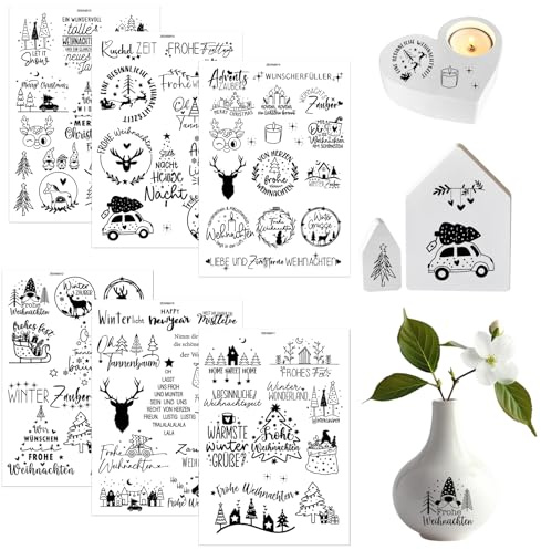 6 Stück Rub On Sticker Weihnachten,Kerzentattoos Weihnachten,Aufkleber Weihnachten,Folie Ons Stickers für Transfer Home Foil Vintage Deko,Diy Glas Transferaufkleber Holz Möbel Keramik Kerzen