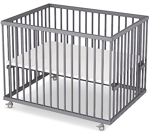 Sämann Baby Laufstall aus Holz I Baby Laufgitter 75x100 cm Grau I Inkl. Matratze Cloud Air I Robuster & höhenverstellbarer Laufstall aus Buchenholz I Mit gummierten Rollen & TÜV geprüft