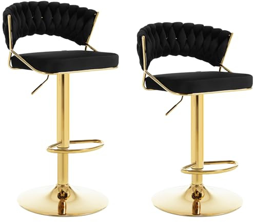 WOLTU Barhocker 2er Set, mit geflochtener Rückenlehne, Samthocker, Schwarz | Barstuhl 360° drehbar, höhenverstellbar, Küchenhocker mit Fußstütze, Hocker für Bar Kücher Bar Küche, Metall