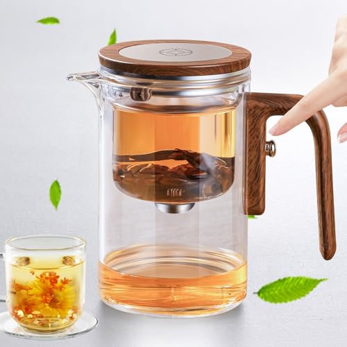 Teiera in vetro per separazione dell'acqua con filtro e manico in finta legno – Teiera magica, design innovativo per un piacere uniforme del tè, teiera trasparente con infusore, casa, posto di lavoro