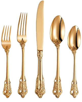 BOSHYUM 25-teiliges, wunderschönes Silberbesteck-Set für 5 Personen, Edelstahl 18-10, antik vergoldet, Besteckset im Barock-Stil für die Hochzeit