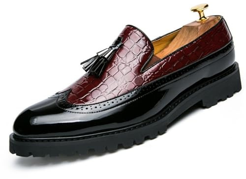ANUFER Uomo Bello Mocassini con Nappe Wingtip Brogue Slip-on Formali Scarpe da Sera SD5A50227 Borgogna EU45