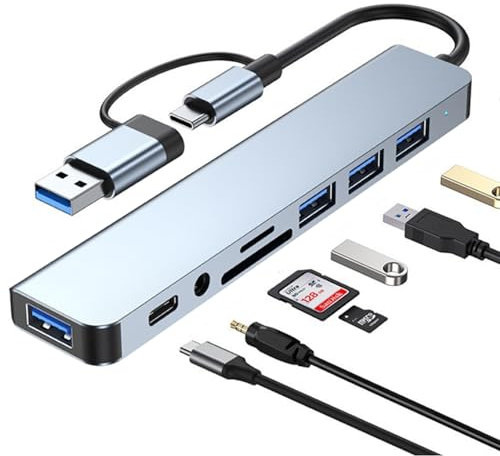 GERUI Hub USB C 3.0, adaptateur multiport 3.0 avec lecteur de carte SD & TF, ports USB 3.0 et 2.0, ports audio 3,5 mm, hub USB de type C avec MacBook Pro/Air/XPS/tablette/smartphones et plus encore