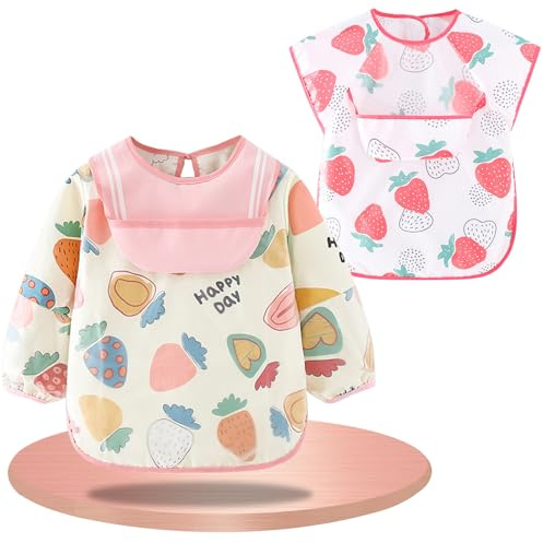 KZSAORN Set di 2 Bavaglini con Maniche Lunghe e Corte Impermeabili, Grembiule per Pappa con Maniche, Bavaglino Svezzamento e Pittura Bambini per Bambini 6-36 Mesi per Alimentazione Pittura (Rosa, S)