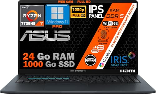 ASUS Ordinateur Portable Ryzen 7 7735HS, RAM 24Go DDR5, SSD 1To, Écran 15.6 FHD IPS, WiFi 6E, Webcam 1080p, Port Ethernet RJ45, Copilot IA, Clavier AZERTY Rétroéclairé, Empreinte Digitale, Win 11 Pro