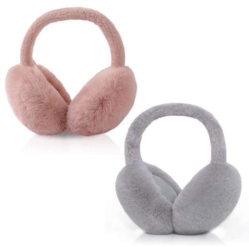 Kuchisity 2er-Pack Winter Ohrenwärmer Damen, Faltbare Verstellbarer Ohrenschützer Plüsch Winter Earmuffs Ear Warmer Für Damen Frauen (Bohnenpaste Rosa+Grau)