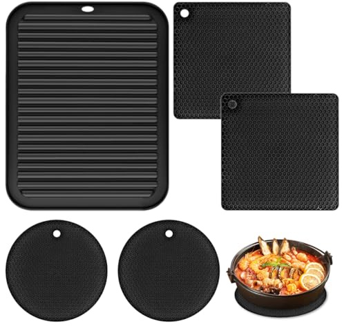 5 Piezas Posavasos de Silicona para Ollas, 30 X 23 cm Alfombrilla Escurridora, Patrón de Panal Salvamanteles Ollas Calientes, Puede Colgar Color Negro Estera para Ollas Resistente al Calor