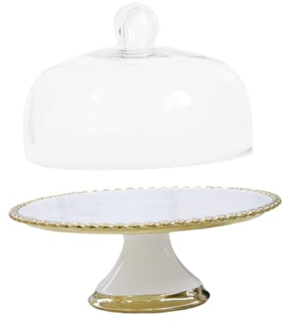 CLISPEED Alzata Per Torte in Ceramica Con Piedini e Coperchio in Vetro Trasparente, Piatto Da Frutta Da Tavolo Decorativo Per Dessert e Snack Con Base Alta, Espositore Per Banchetti e Feste