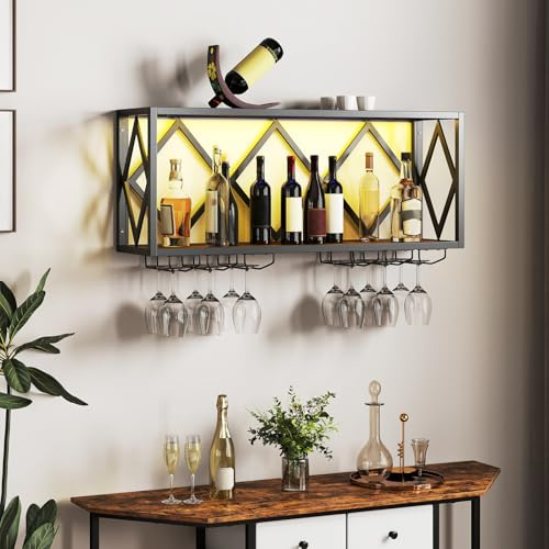 COSTWAY Soporte de Pared para Botellas de Vino, Estantería de Vino Industrial con Portabotellas para 39 Botellas y 12 Copas, Estante de Almacenamiento de Vino para Cocina Comedor (con Luces)