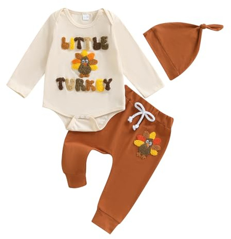 Generisch Thanksgiving Baby Jungen Outfits Truthahn Stickerie Langarm Bodysuit mit Hose Hut Warme Säuglingskleidung Für Die Ferienzeit (Beige, 6-12 Months)