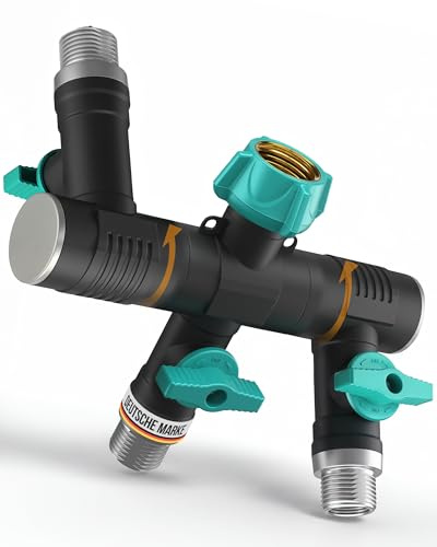 rainfactory répartiteur d’Eau 3 Voies Vertical 3/4 - Robinet Triple Sortie avec raccord Tuyau arrosage 360° et vannes indépendantes - Adaptateur Jardin pour Tuyau, arrosage et terrasse
