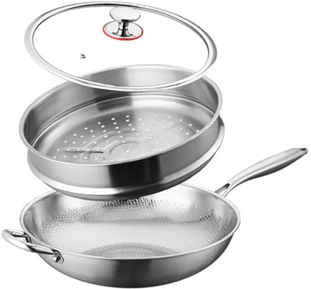 TREWQ Padella Grande in Titanio Martellato Pro con Coperchio, Padella in Puro Titanio con Vaporetto, Pentola Nutriente in Lega Antigraffio Ultra-Durevole e Senza Rivestimento Antiaderente 34cm