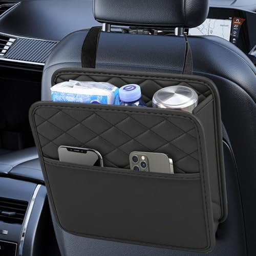 VAGCARS Autositz Organizer, Auto Mülleimer zum Aufhängen, Wasserdichtes Leder Auto Kinder Rücksitz Organizer, Multifunktional Faltbare Autotasche Organizer mit Schnallenriemen (Schwarz)