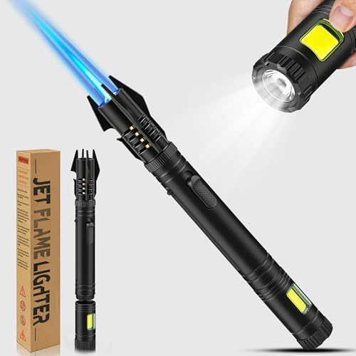 Lafagiet Sturmfeuerzeug with COB Lampe, Winddicht Stabfeuerzeug Jetflamme, Lang Laserschwert Feuerzeug Gas nachfüllbar for Camping, Kamin (ohne Gas)