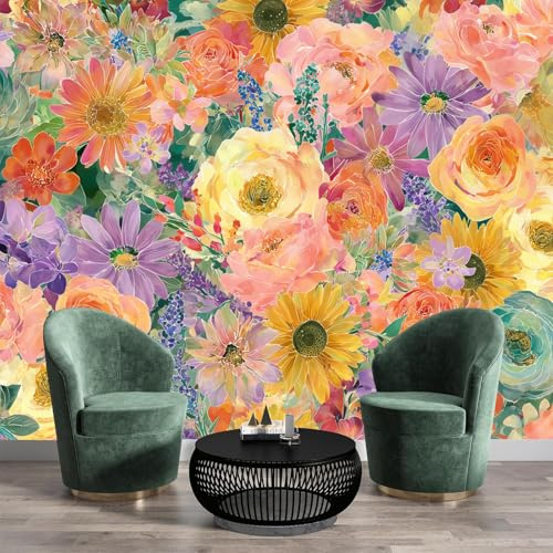 Carta da parati panoramica in seta 3D Acquerello Fiori, 200 x 140cm, Poster murale, Colorato Sfondo, Decorazione della parete Per soggiorno Camera da letto Sala da pranzo Murale