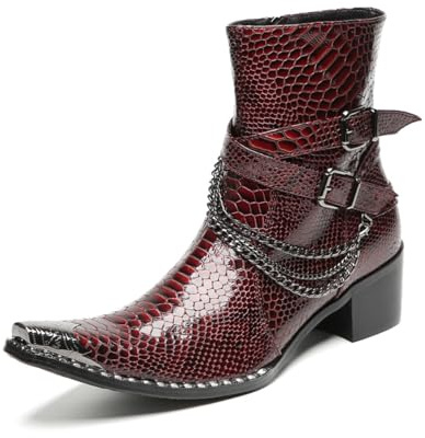 Yhsdfcn Stivali Medi da Uomo in Pelle Verniciata Bordeaux Effetto Coccodrillo, Stivaletti con Catena e Fibbia Decorativa, Punta in Metallo, Tronchetti Eleganti da Matrimonio e Gala,Rosso,45 EU