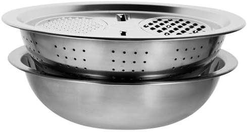Uonlytech Rallador de Acero Inoxidable Multifuncional 28 Cm Cesta para Escurrir y Colador para Lavar Arroz y Verduras, Herramienta de Cocina Duradera y Práctica para Uso Diario
