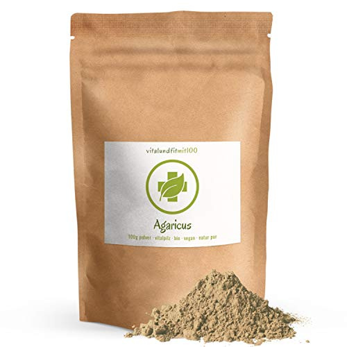vitalundfitmit100 Bio Agaricus Pulver 100 g – Mandelpilz, Rohkost, vegan