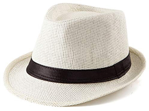 LADYBRO Sommer Stroh Trilby Hut ‌für Herren 1920er Kurze Krempe Fedora Hut, 58cm, Milchweiß
