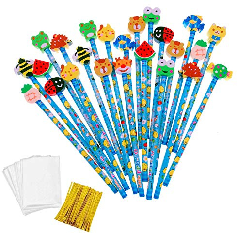 JZK 24x Blau Schule HB Stifte Set Bleistifte mit Radiergummi von Tiere Blumen Sonne Schmetterling etc für Geburtstag Mitgebsel Geschenk Kinder Party Gastgeschenk
