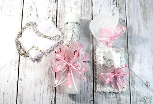 Elegant 5 Piece Baby Baptism Candle Set Favors Girl Boy White Set de Bautizo Espanol Nina Nino Berries Communion Lace (Pink)
