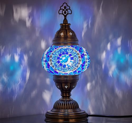 DEMMEX Handmade Colorful Mosaic Glass Table Desk Bedside Lamp Lampshade with Antique Brass Base, Small 30cm H (Blue)