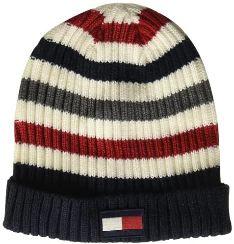 Tommy Hilfiger Herren Men's Striped Ribbed Beanie-Mtze, Weiß gestreift, Einheitsgröße