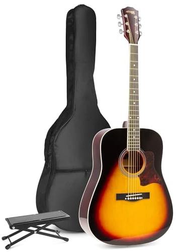MAX SoloJam Westerngitarre, Akustik Gitarre Set, Acoustic Guitar, Akustikgitarre 4/4 mit Tasche, Plektrum, Stimmgerät, Fußstütze, Schultergurt und Stahlsaiten, Anfängergitarre in Sunburst