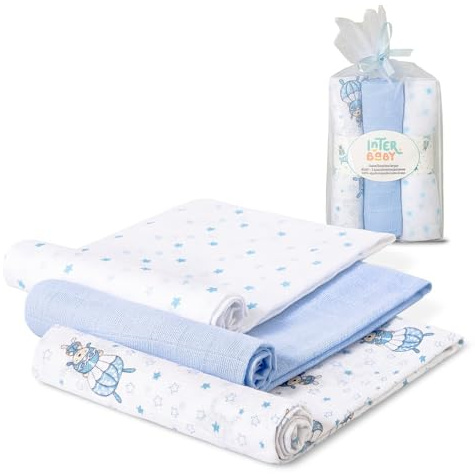 Interbaby Muselinas Bebe Algodon 80x80cm | Pack 3 Gasas para Bebes Recien Nacidos, Lactancia, Toalla, Manta | Muselinas Bebe Cómoda, Suave, Transpirable | Diseño Paracaidista Azul