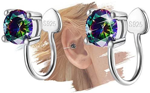 Ohrmanschetten für Frauen - Non Piercing 14K Weißgold vergoldet Clip auf Ohrringe - Regenbogen - Sterling Silber Runde Knorpel Ohrringe - Geschenke für Frauen, Männer, Teens, Jungen, Mädchen