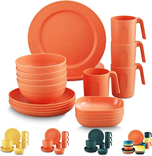 Kyraton Plastic Dinnerware Sets of 20 Pieces, Unbreakable and Reusable Light Weight Plates Mugs Bowls Dishes Easy to Carry and Clean Microwave Safe BPA Free Service for 4 Dishwasher Safe (Orange)