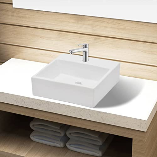 WIFESE Lavandino Bagno in Ceramica Bianca Quadrato con Foro Rubinetto Lavandino Da Appoggio Lavabo Da Appoggio Lavatoio Ceramica Lavabo Bagno Sospeso Lavandino Bagno Sospeso 38x30x11,5 cm