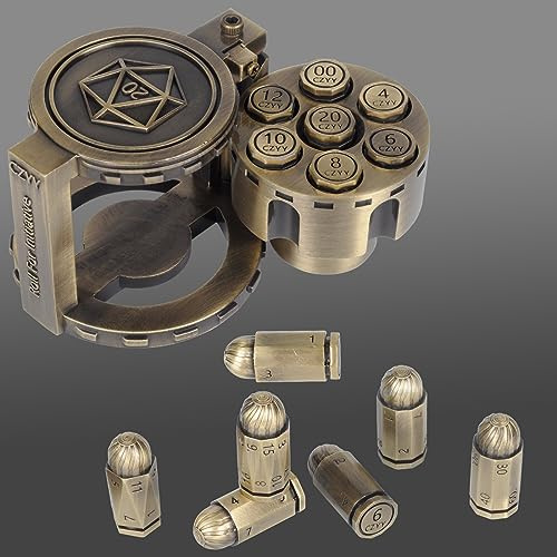 CZYY Polyedrische Würfel aus Metall, 7 Stück, mit drehbarem Revolver-Zylinderbehälter, Cyberpunk-Würfel für Warhammer 40K, D&D, Sci-Fi, Krieg oder Kriminalthema, Tischspiele (Bronze)