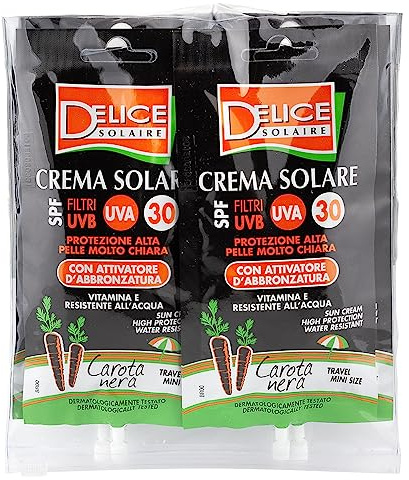 Delice Solaire Sonnencreme Mini Size, hoher Schutz SPF30+, mit Aktivator für Bräunung, Karotten, schwarz, wasserfest, dermatologisch getestet, 6 Beutel x 50 ml