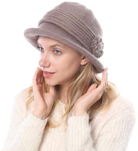 Huakunda Damen Strickmützen Gefüttert Winterhut Warm Vintage Floral Knit Beaniemütze Elegant Frauen Bucket Hüte für 55-60 cm
