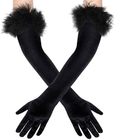EUPSIIU Lange Satin Ellbogen Handschuhe Damen - 1920er Stil Abendhandschuhe, Oper, Braut, Tanz, Verkleidung, Halloween (Schwarz)