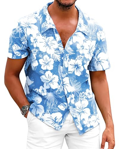 Fastkoala Uomo Hawaiane Camicie Floreali Camicia da Spiaggia Vacanze Tropicali Tops Casual Holiday Estate Button Blu S