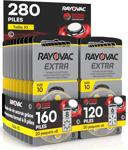 280 Piles pour appareils auditifs Rayovac Extra 10-20 blisters de 8 et 20 blisters de 6 Piles
