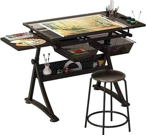 Glas-Zeichentisch, höhenverstellbarer Zeichentisch mit Hocker, neigbarer Schreibtisch, Kunsttisch 0°-50, Maltisch mit gehärteter Glasplatte
