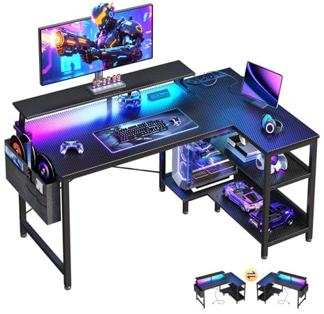 ODK 40 Inch Gaming Desk with USB Power Outlets and LED Lights, Reversible L Shaped Computer Desk with Storage Shelves & Monitor Stand, Corner Home Office Desk Table, Carbon Fiber Surface, Black