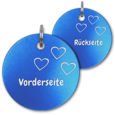 Unikat Branding Hundemarke mit Gravur personalisiert, Hellblau, 35 mm | Adressanhänger und Namensschild für Hund, Katze, Welpe, Anhänger fürs Hundehalsband, beidseitig graviert mit Telefonnummer