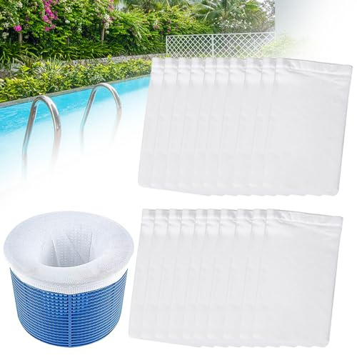 JRJRN 20 stycken pool-skimmer strumpset, nylon skimmer filter nät återanvändbara, nät för skimmer filter korgar, vit pool skimmerstrumpor, filter skimmer pool för smuts, löv, hår