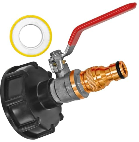 MegaHaustechnik IBC Tank S60x6 Zubehör Anschluß Adapter Kugelhahn mit Messing Stecker für Gardena Buchse, Container GrobgewindeØ 60 x 6mm Gewindesteigung Absperr-Ventil Schraub-Anschluß