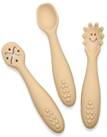 leyla&e Baby Esslernlöffel (3er Set) für eigenständiges Essen | BPA-frei & LFGB-zertifiziert | Spülmaschinenfester Silikonlöffel | Lernlöffel geeignet für BLW (Cream Blush)