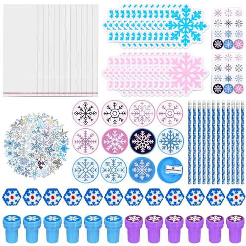Schneeflocke Mitgebsel, 196Stk Kindergeburtstag Party Gastgeschenke, Winter Schneeflocke Aufkleber mit Schneeflocke Geschenktüten Bleistifte Radiergummi, Prinzessin Party Kinder Geschenke Give Aways